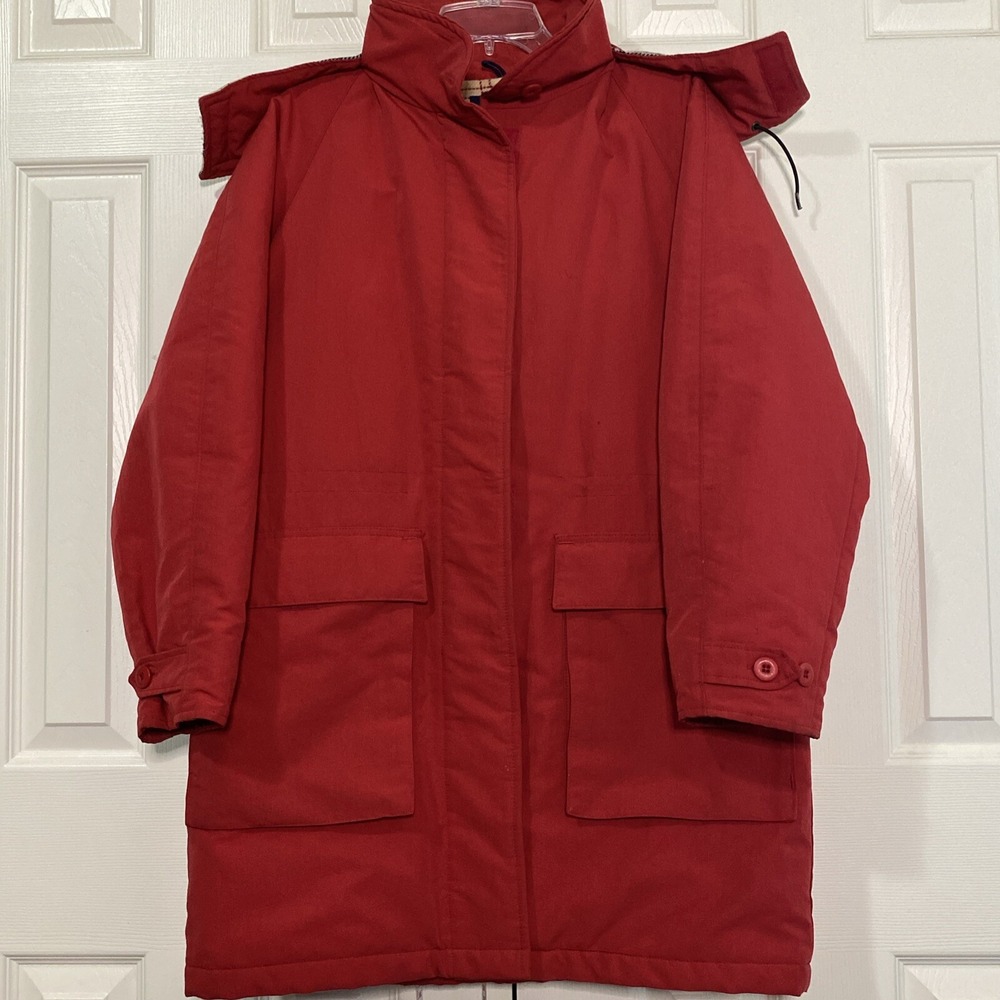 Vintage Woolrich Parka Jacket Women M Red Plaid Lined Hooded USA Made Coat